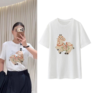 圆领短袖T恤女2026春季新款马年限定五花马图腾印花百搭打底白T