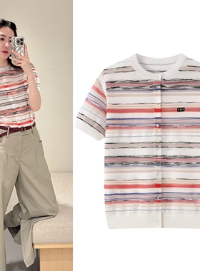 2025夏季新款复古元气撞色红色条纹圆领短袖薄款针织衫开衫上衣女