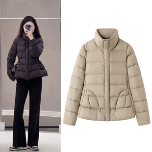 2025秋新品羽绒服立领收腰廓形显瘦保暖白鸭绒复古简约大气外套女