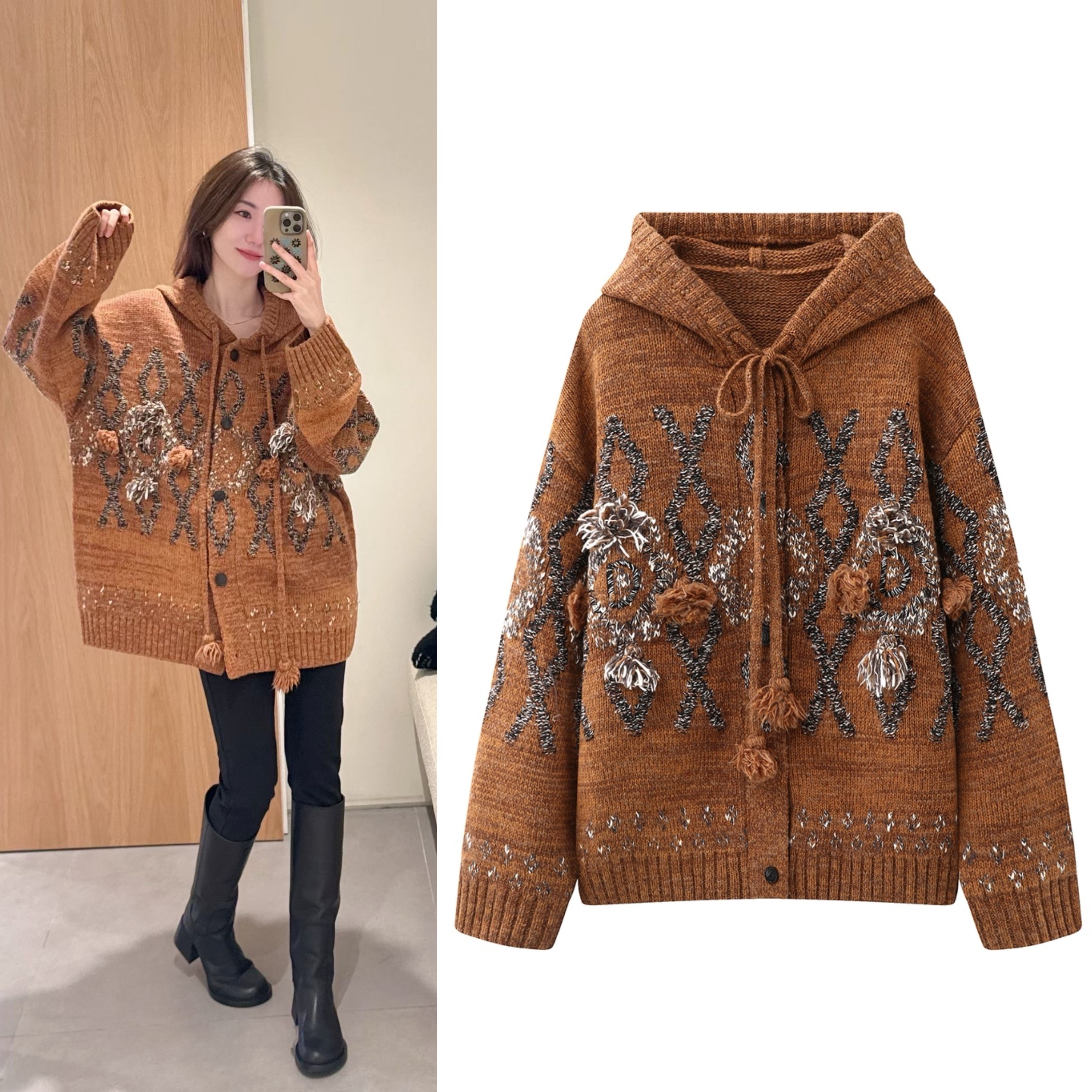 2025冬新款复古宽松金丝手工流苏球球嵌花咖连帽针织开衫外套