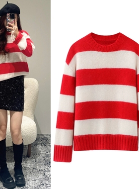 秦岚同款2026春季新款撞色红色条纹圆领针织衫女宽松慵懒风毛衣