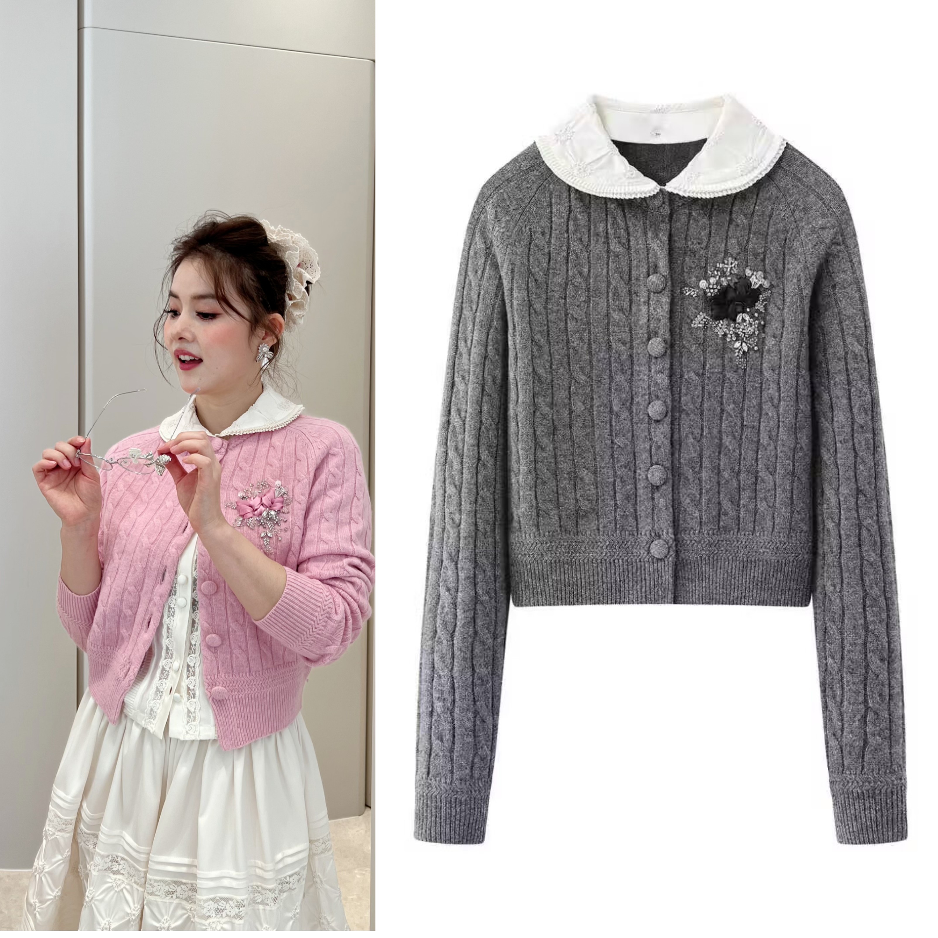 真两件套2026春季新款丝带珠饰娃娃领衬衫短款小上衣麻花针织开衫