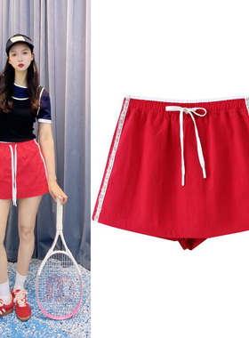 2025夏新款热情洋溢美式休闲运动抽绳红色半身裙显瘦A字裙裙裤女