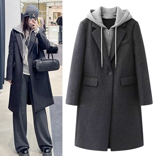 假两件毛呢大衣2025冬季新款复古通勤可拆卸帽双面呢中长款外套女