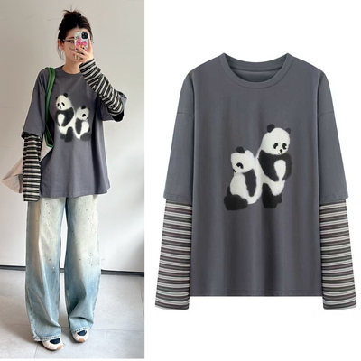 2025冬新品复古可爱熊猫印花钉珠拼接条纹袖假两件长袖T恤上衣女