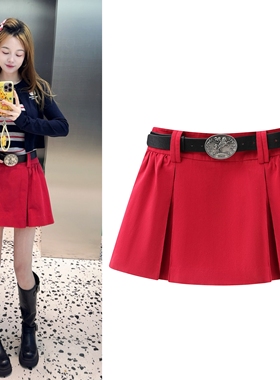 2026早春新品复古俏皮感圆形扣头腰带褶皱红色A字短裙