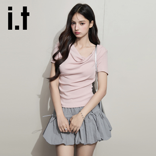 韩系甜美收腰显瘦上衣 CHOCOOLATE 粉色纯欲荡领短袖 T恤女夏季