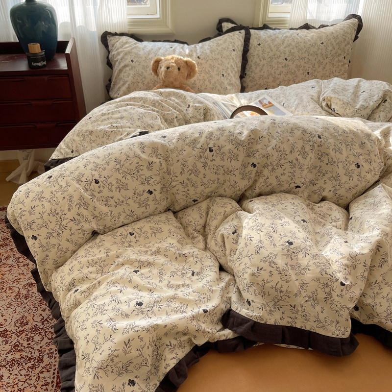 韩式花边款全棉床上四件套春夏纯棉床单被套女生被罩床品学生单人