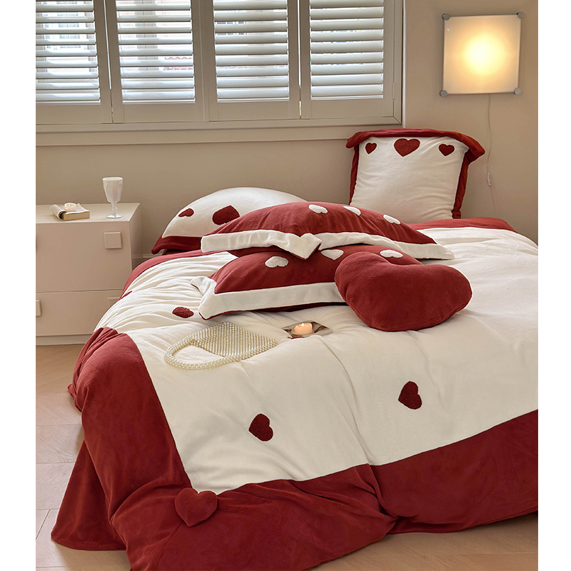 爱心红色加厚牛奶绒床上四件套浪漫喜庆加绒结婚床单被套保暖床品
