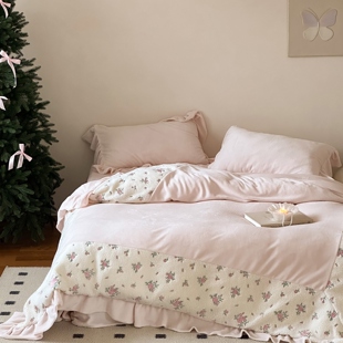 冬天少女心粉臻棉绒保暖床上四件套韩式花边款牛奶绒绒被套床单