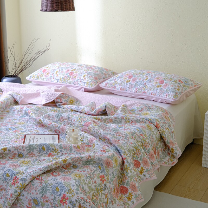韩式碎花双面全棉砂洗床盖四季绗缝加厚防滑纯棉床单榻榻米被单