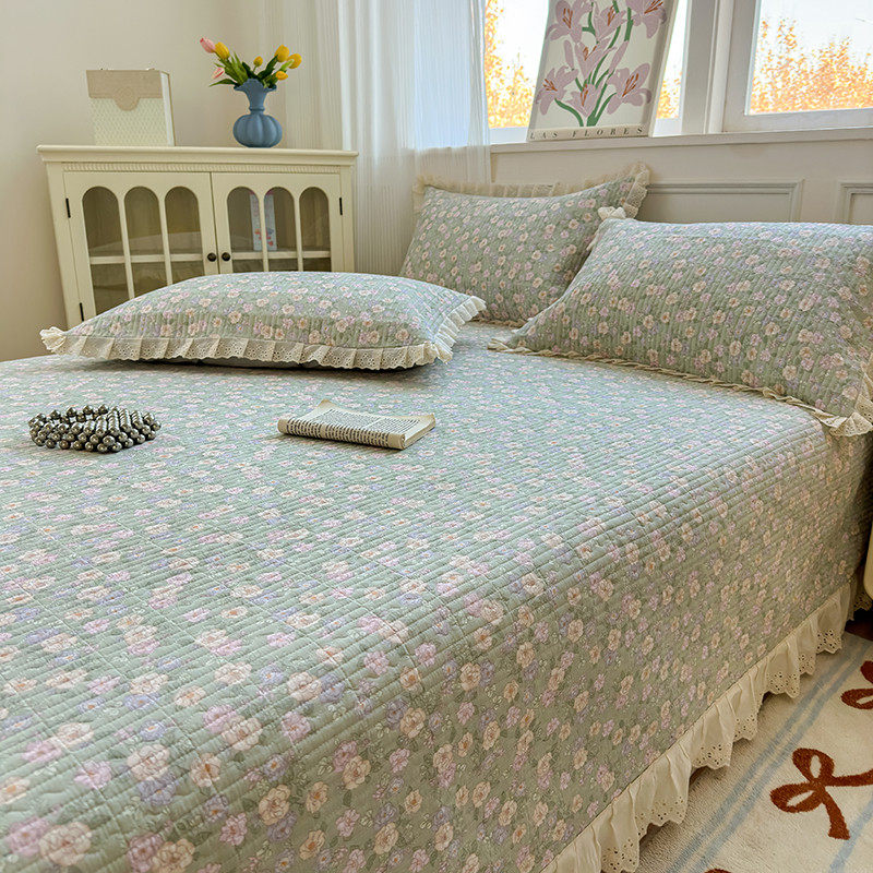 法式公主风全棉双层纱床盖三件套韩式小碎花纯棉绗缝加厚防滑床单