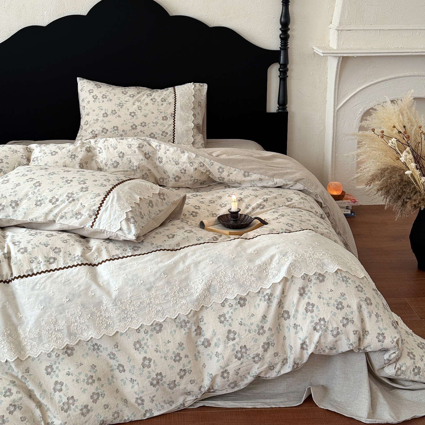 法式花边款棉麻床上四件套复古花卉全棉纯棉被套床单四季亚麻被套,床上用品,床品套件/四件套/多件套,淘宝优惠券,粉丝福利购,淘宝优惠卷