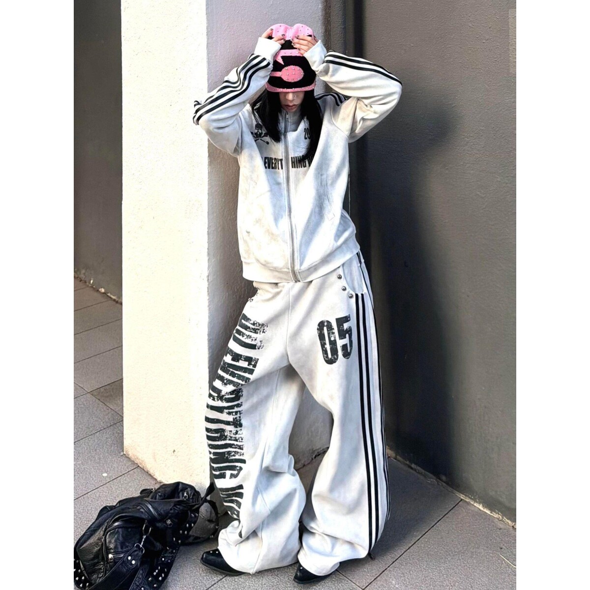 美式复古脏染做旧字母印花运动卫裤男女痞帅宽松休闲垂坠感阔腿裤