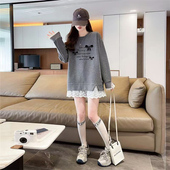 女卫衣圆领宽松中长款 拼接蕾丝设计新款 打底春秋长袖 遮肉上衣外穿