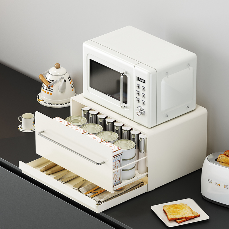 奶油风咖啡机置物架桌面收纳盒抽屉式水吧台微波炉底座家用储物柜