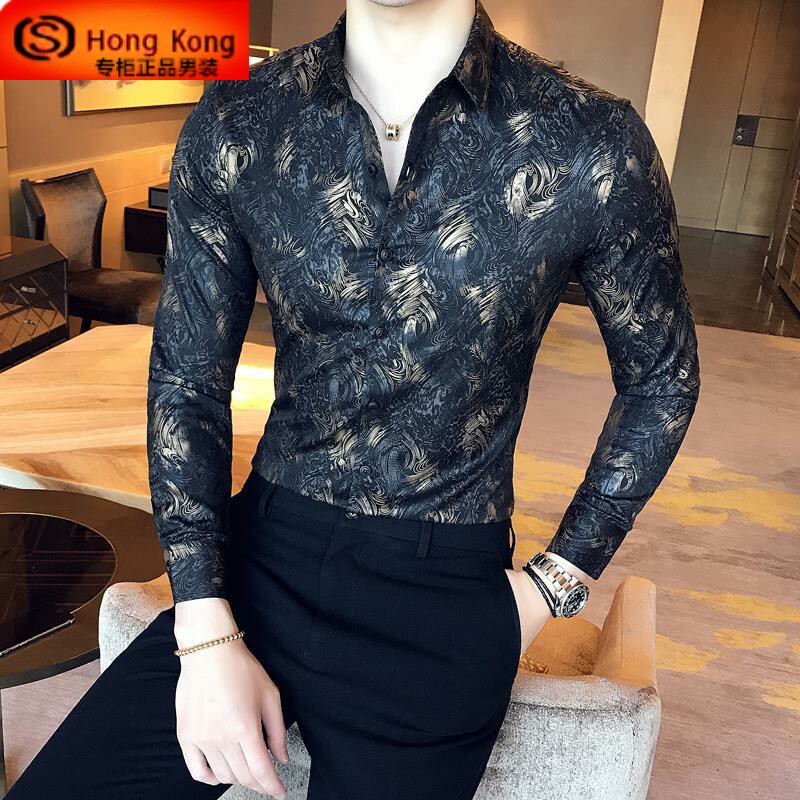 长袖衬衫男春秋冬季桑蚕丝印花潮流免熨烫抗皱真丝高端薄款男士衬