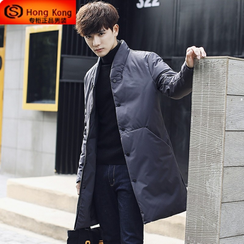 羽绒服男中长款冬季2024新款加厚保暖潮牌立领帅气白鸭绒男士外套