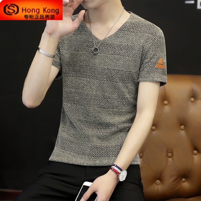 夏季冰丝短袖T恤男2025新款潮牌高端V领半袖桑蚕丝真丝男士T恤衫