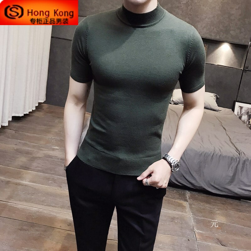 HALF-HIGH NECK MENS SHORT SLEEVE SPRING AUTUMN AND SUMMER 2024 NEW BASE SKINNY HIGH-END MID-NECK THIN T-SHIRT KNITWEAR