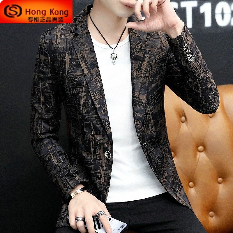 男士西服春秋季印花休闲韩版潮流百搭修身免熨烫高级感小西装外套