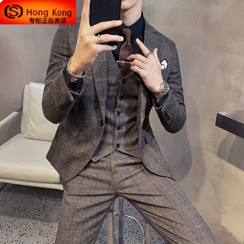 格子西装男套装2026新款修身男复古新郎结婚礼服三件套士休闲西服