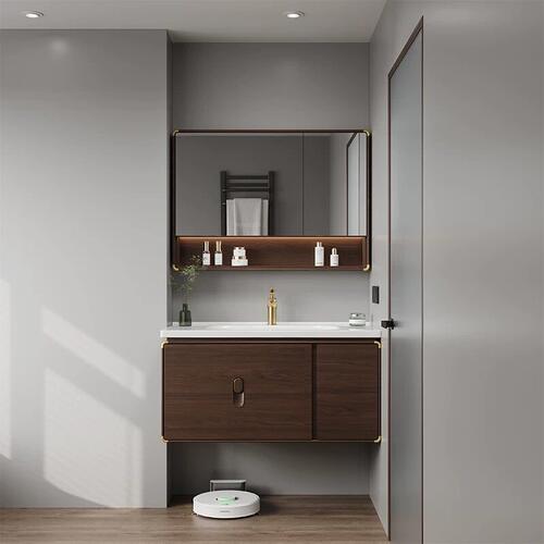新中式浴室柜橡木烤漆轻奢温润陶瓷一体盆浴室柜组合洗手台洗漱台