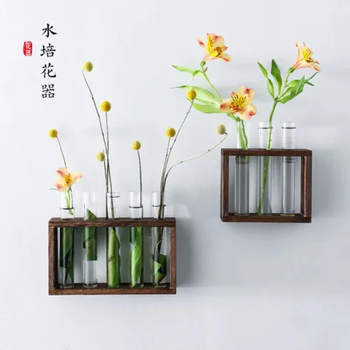 网红简约创意插花花器玻璃试管花瓶容器木架摆件植物水培装饰