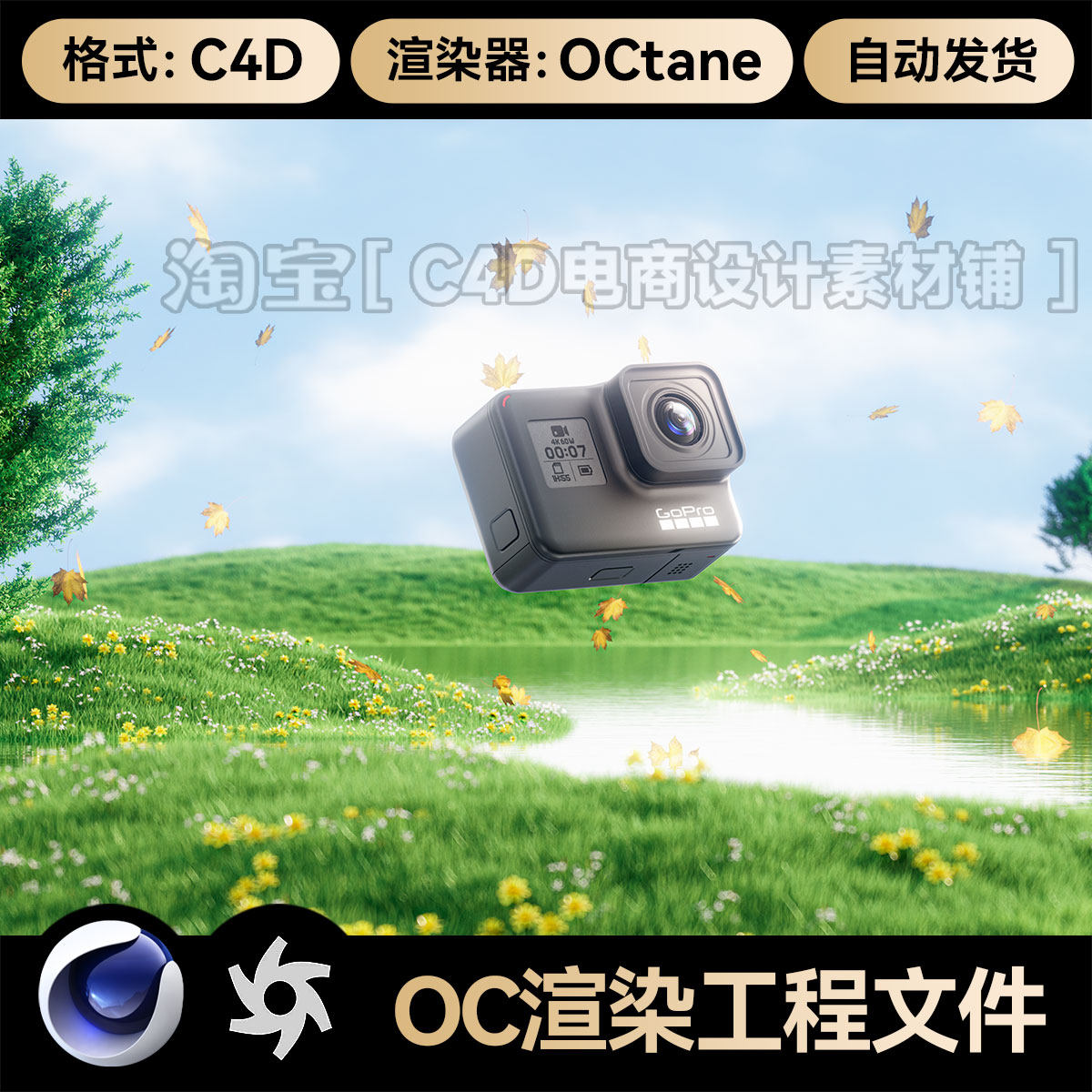 C4D工程素材OC渲染文件gopro运动相机模型自然鲜花草地水面场景,商务/设计服务,2D/3D绘图,淘宝优惠券,粉丝福利购,淘宝优惠卷