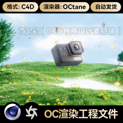 C4D工程素材OC渲染文件gopro运动相机模型自然鲜花草地水面场景