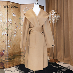 YF 双面羊绒大衣女2024秋冬新款长款连帽宽松羊毛呢风衣呢子外套