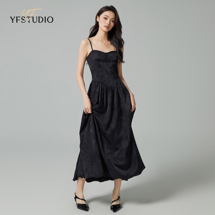 YF 法式复古显瘦吊带连衣长裙女2024夏高级感气质收腰提花小黑裙