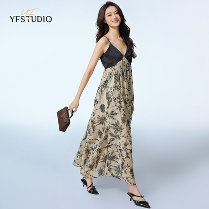 YF气质V领拼接露背吊带连衣裙2024夏季水墨画新中式国风复古长裙