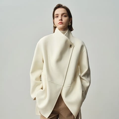 不规则翻领羊毛呢外套小个子中长款一粒扣系带双面羊绒大衣