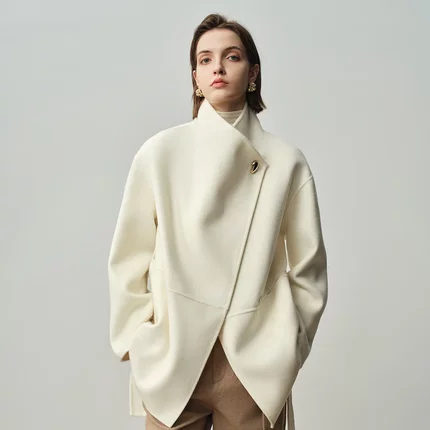 不规则翻领羊毛呢外套小个子中长款一粒扣系带双面羊绒大衣