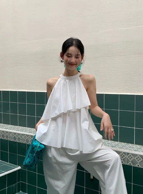 26年夏法式挂脖小衫短款气质绝美荷叶边坎肩无袖上衣背心S5059