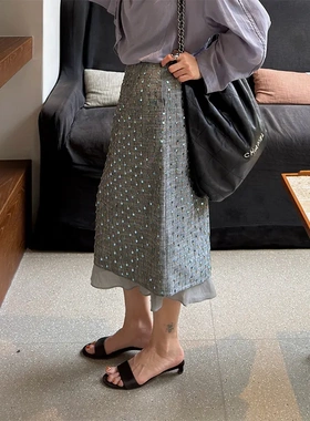 26早春设计感法式气质优雅中腰半裙时髦重工亮片拼接半身裙C8576