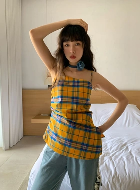 2026年夏日多巴胺吊带设计感短款气质背心格纹上衣S1013