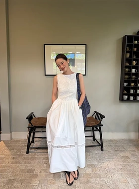 法式重工刺绣高腰深v后露背A字长裙女夏季蕾丝无袖连衣裙女C8688