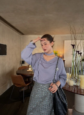 法式杏色宽松天丝莫代尔套头翻领衬衫飘带斜扣长袖衬衣女C8335 1