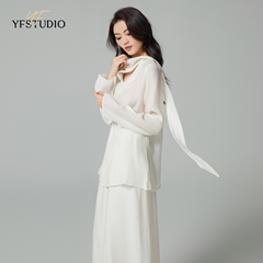 YF荡V领飘带垂坠长袖衬衫半身裙2024春夏纯色气质优雅裙子套装女