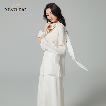 YF荡V领飘带垂坠长袖衬衫半身裙2024春夏纯色气质优雅裙子套装女