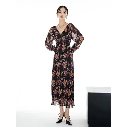秋冬碎花连衣裙V领修身显瘦法式优雅气质原创设计性感长裙