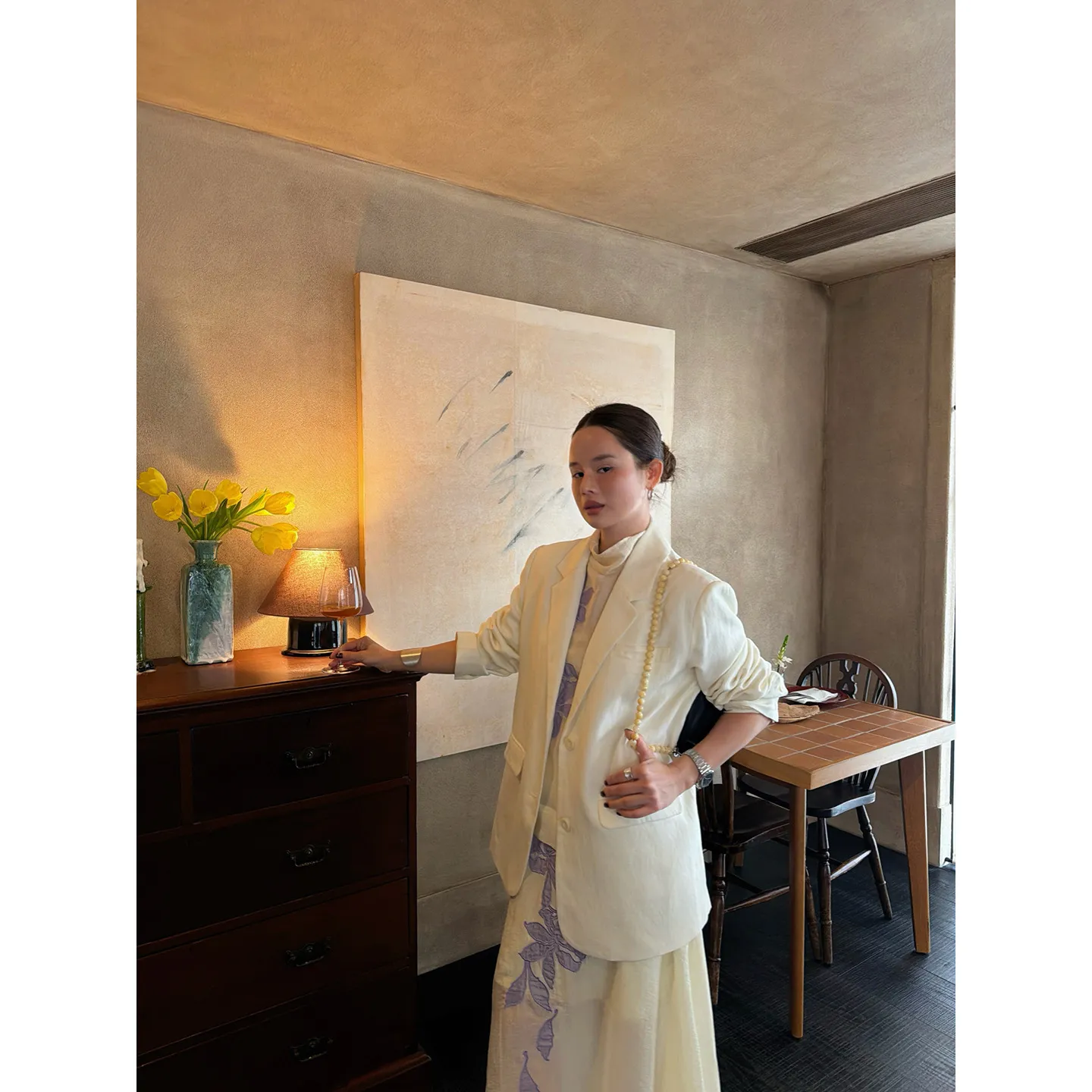 26春新中式气质重工刺绣长袖西服宽松显瘦亚麻西装外套女装C8619