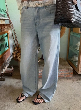 美式复古水洗棉高腰长裤子2026年夏季浅蓝色直筒牛仔裤女C8681