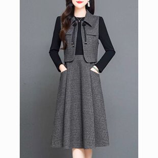 2026秋冬显瘦减龄套装裙子a字裙时尚洋气马甲外搭连衣裙两件套女