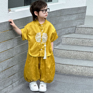 宝宝抓周男童少爷绸缎唐装短袖夏装皇太子汉服轻薄仿真丝黄色套装