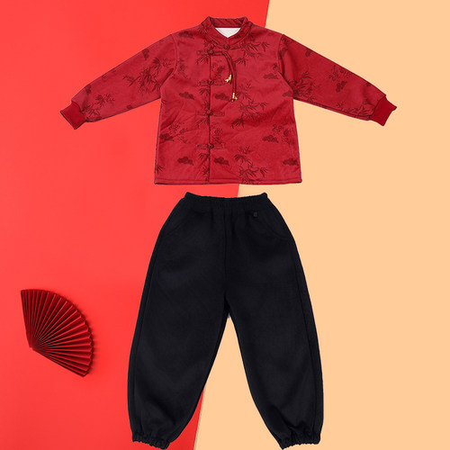 262男童新年年服中国风红色中式演出服拜年服学校表演服加绒保暖