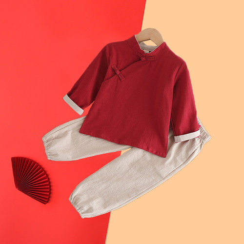 男童纯棉唐装春秋夏中国风分体套装汉服开学元旦表演儿童中式衣服