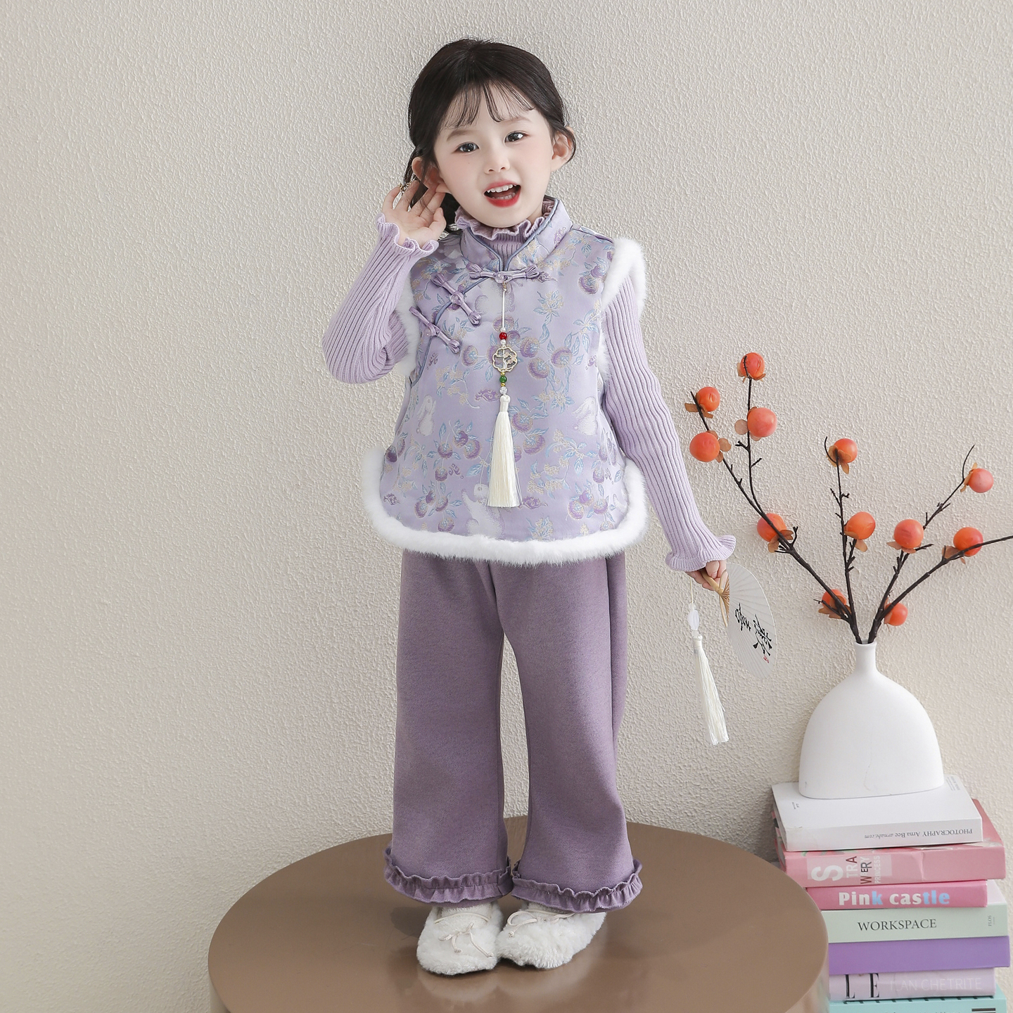 女童汉服加厚唐装2026新年拜年服马甲加绒裤国风分体套装过年衣服